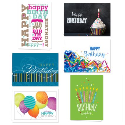 Lively Birthday Note Card Assortment Pack - Set of 36 cards per package - 6 designs blank inside - with white envelopes (53915)