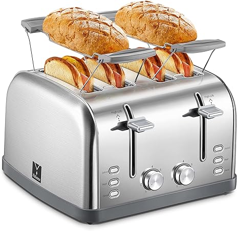 Toaster 4 slice, Extra Wide Slots, Stainless Steel with High Lift Lever, Bagel and Muffin Function, Removal Crumb Tray, 7-Shade Settings with Warming Rack, Silver, Yabano