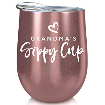 Grandma Gift Insulated Wine Tumbler - 12oz with Steel Straw, BPA Free Lid, Straw Cleaning Brush - Stainless Steel Stemless Wine Tumbler - Grandma's Sippy Cup - Coffee, Tea, White Wine