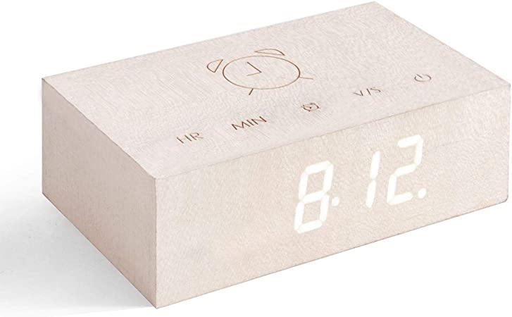 Gingko Flip Click Clock LED Alarm Clock Sound Activated with New Flip Technology, Rechargeable with Laser Engraved Touch Controls in White Maple