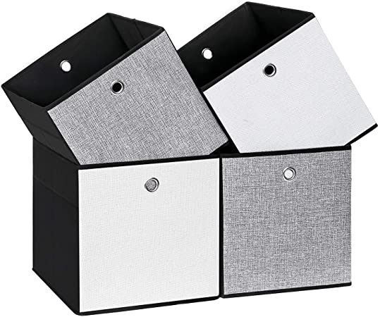 SONGMICS Set of 4 Linenette Storage Cubes, Foldable Clothing Storage Boxes, Bins for Home Closet and Toys Organizer, White, Gray and Black Colors on Different Sides UROB26WB