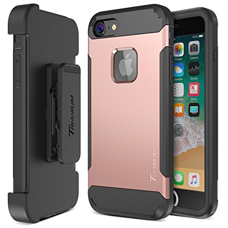 Trianium iPhone 8 Case [Duranium Series] with Holster Heavy Duty Protective Cover with Built-in Screen Protector for Apple iPhone 8 Phone (2017) Belt Clip Kickstand [Full Body Protection] - Rose Gold