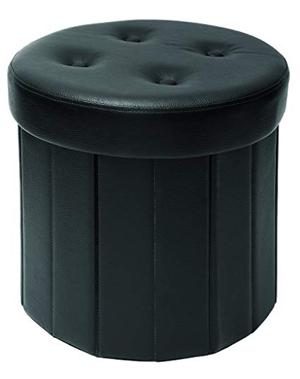 The FHE Group Round Folding Storage Ottoman, 15 by 15 by 15-Inch, Black Faux Leather