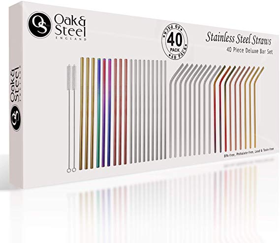 40 Pack| 36 Reusable Metal Stainless Steel Colourful Drinking Straws & 4 Cleaning Brushes| No Metal Aftertaste, Dishwasher Safe & Eco-Friendly| Cocktails Tumblers Cold Beverages| Ideal Christmas Gift