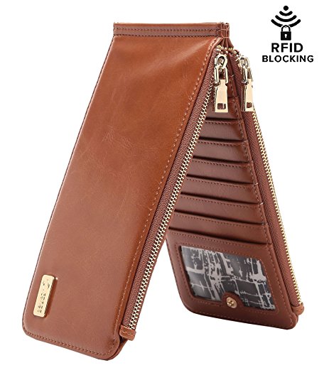 CrossLandy Women's Bifold Thin Multi Card Case Leather Rfid Wallet Zipper Credit Card Organizer