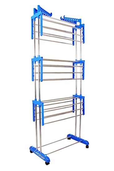 SUNDEX Made in India Life Time Use 3 Tier Mild Stainless Steel Floor Cloth Dryer Stand Racks Hanger (Sky Blue)
