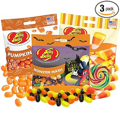 Candy Corn, Monster Mash, and Pumpkin Pie Jelly Beans, Assorted Fruit Mix Halloween Candy, Vegetarian and Kosher Certified Goodie Bag Fillers, Pack of 3