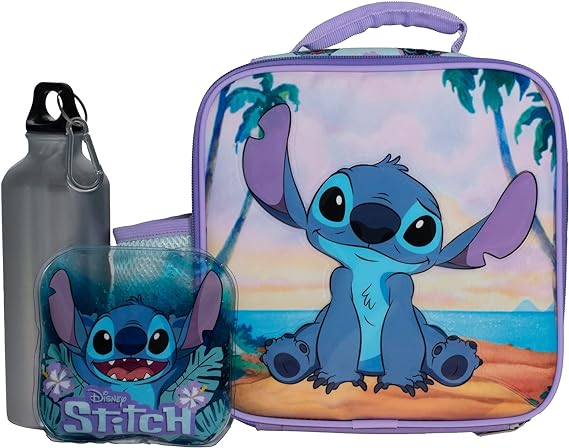 Disney Stitch Lunch Box Set for Boys & Girls, Stainless Steel Water Bottle with Carabiner Clip and Ice Pack, Insulated & Waterproof Lunch Bag with Zipper, 4 Pieces