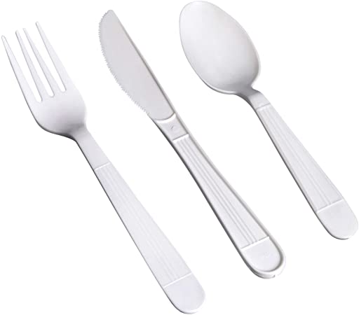 AmazonBasics 360 Piece Plastic Cutlery Set, Heavy-Weight, White (180 forks, 120 spoons, 60 knives)