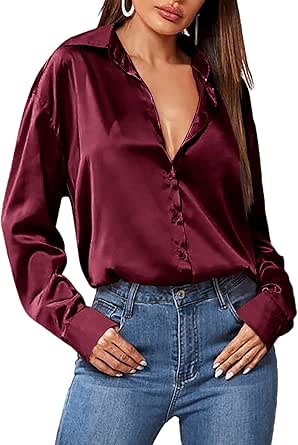 Zeagoo Women Satin Button Down Shirt Long Sleeve Tops Silk Blouse V Neck Dressy Casual Loose Work Office Blouse Tunic Fall