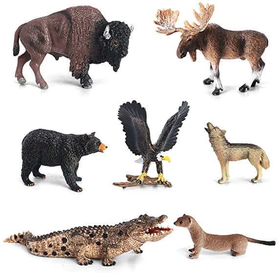 Volnau Animal Figurines Toys 7PCS North America Figures Zoo Pack for Toddlers Kids Christmas Birthday Gift Preschool Educational Moose Wolf Bear Jungle Forest Woodland Animals Sets