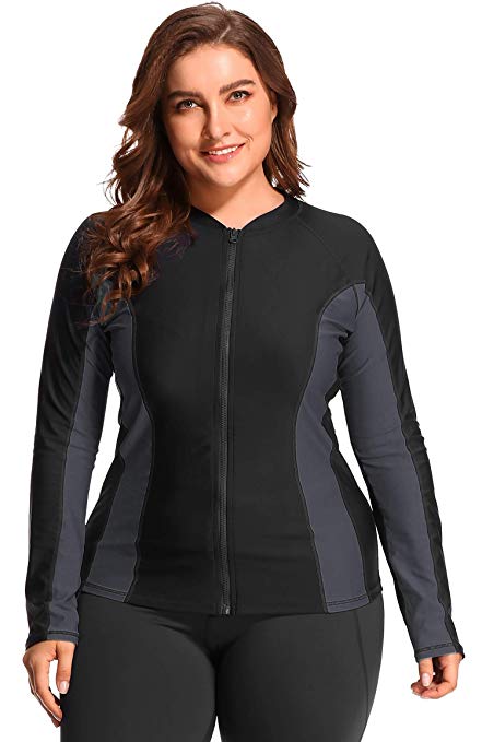 ATTRACO Womens Plus Size Long Sleeve Rash Guard Top Zipper Sufing Swim Shirt