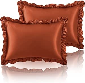 SiinvdaBZX Ruffled Queen Satin Pillowcase Set of 2, Burnt Orange Silky Satin Pillow Cases for Women Ruffle Pillow Shams Covers Princess Room Decoration, with Envelope Closure