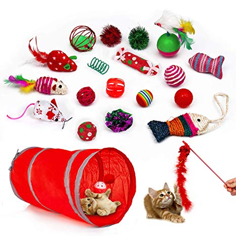 upsimples Cat Toys 20 Pieces Including Cat Teaser Wand 2-Way Tunnel Interactive Feather Toy Fluffy Mouse Mylar Crinkle Balls Catnip Pillow for Kitten Kitty