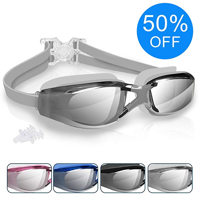 arteesol Swimming Goggles, Anti Fog Swim Goggles Crystal Clear 180° Panoramic Vision Mirrored with 100% UV Protective Coating with Protective Case and Earplug for Adults and Kids (5 Colours)