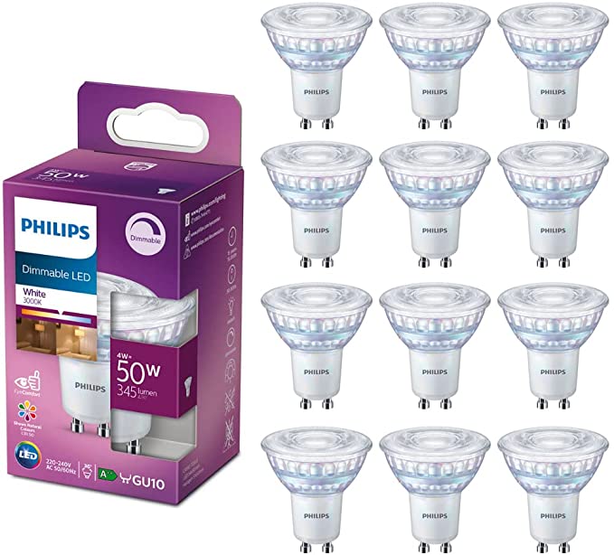 Philips GU10 LED Classic Light Bulb, Dimmable, 4W, 345 Lumens, 50W Halogen Equivalent, Warm White 3000K - 12 Pack