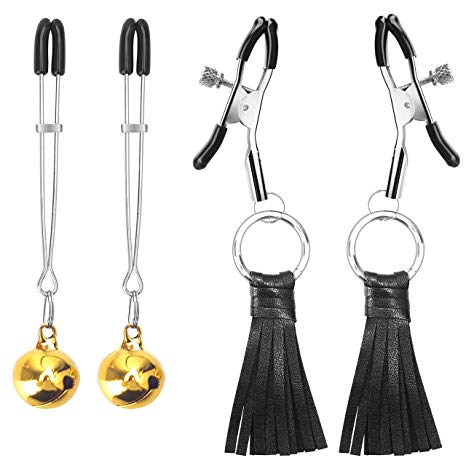 Nipple Clamps, SEXY SLAVE Adjustable Soft Rubber Tweezer Nipple Clips, SM Fetish Breast Clit Sensual Bondage Nipple Sex Toy(Gold and Leather Tassels)