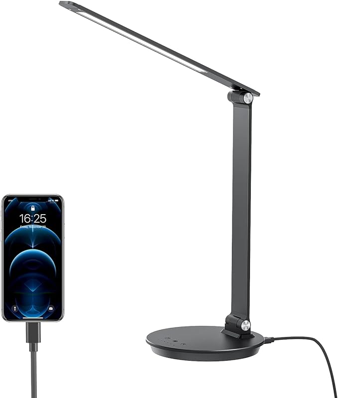 MONGERY LED Desk Lamp with USB Charging Port, Touch Control Dimmable Office Lamp, 5 Color Modes 6 Brightness Levels Eye-Caring Table Lamp for Home Office Bedroom Reading Study, and More, Black