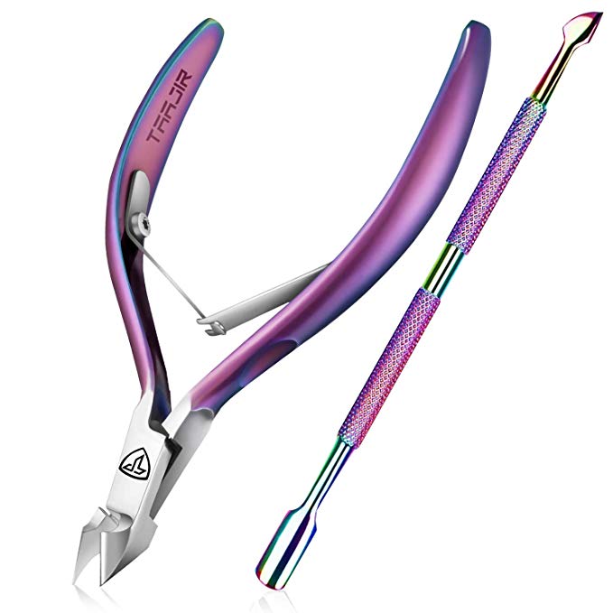 Hand Filed Cuticle Nipper with Cuticle Pusher-Professional Grade Stainless Steel Cuticle Remover & Cutter-Durable Manicure and Pedicure Tool-Beauty Tool Perfect for Fingernails and Toenails (Gradient)