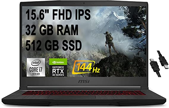 MSI GF65 Thin Gaming Laptop 15.6" FHD IPS 144Hz Display 10th Gen Intel Hexa-Core i7-10750H 32GB RAM 512GB SSD GeForce RTX 3060 6GB Backlit USB-C WiFi6 Win10 Black   HDMI Cable