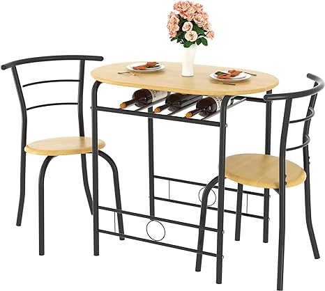 VECELO 3 Piece Small Round Dining Table Set for Kitchen Breakfast Nook, Wood Grain Tabletop with Wine Storage Rack, Save Space, 31.5", Natural & Black