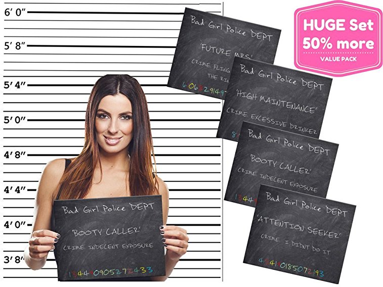 HUGE Set of 30 Party Mug Shots with Height Backdrop ! - Bachelorette Party Photo Booth Props Party Mug Shots Kit By Fun Party Station - Best Bachelorette Mug Shot Kit in the Market! Girls Night Out