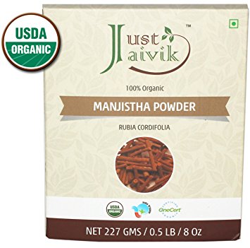 Just Jaivik 100% Organic Manjistha Powder - Certified Organic by OneCert Asia , 227 gms / 1/2 LB Pound / 08 Oz - Rubia cordifolia - Promoting healthy and clear skin (AN USDA Organic Certified Herb)