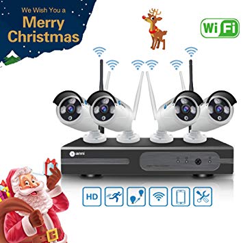 Anni 4CH Wireless Security Camera 1080N HD NVR Kit Wifi Surveillance Systems, (4) 1.0MP 720P Weatherproof Wireless Indoor Outdoor Bullet IP Cameras, P2P, 65ft Night Vision, NO HDD