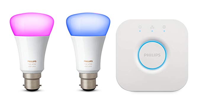 Philips Hue White and Colour Ambiance Bulb Twin Pack with Bridge, B22, 10 W