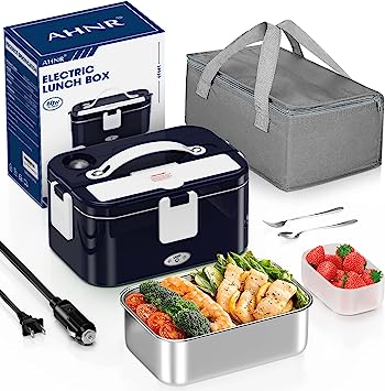 AHNR Electric Lunch Box 80W Food Heater, 3 IN 1 Portable Heated Food Warmer Lunch Box Leakproof for Car Truck Home Work with 1.8L Removable 304 Stainless Steel Container, 12V 24V 110V(Blue)