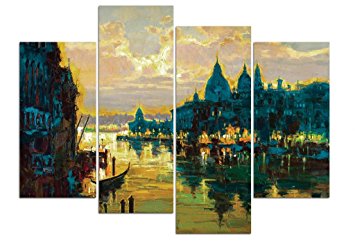 Wieco Art - Large Modern Stretched and Framed Giclee Canvas Prints The Blue Sanctity 4 Panels Cityscape Oil Paintings Style Landscape Picture on Canvas Wall Art for Living Room Bedroom Home Decorations L