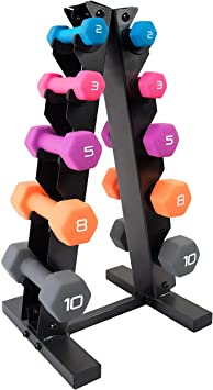 WF Athletic Supply Neoprene Coated Dumbbell Set with A Frame Storage Rack, Non-Slip Grip & Hexagon Shape, Space Saving Home Gym Equipment, Color Options Available