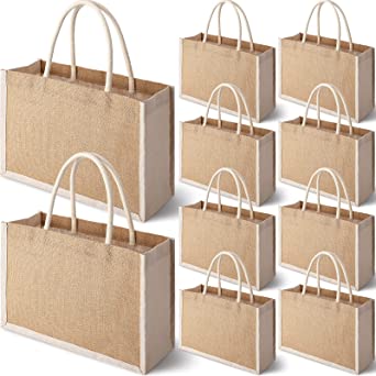 10 Pcs Burlap Jute Bags Jute Totes with handle Burlap Jute Gift Totes Burlap Welcome Bags for Women Bridesmaid Wedding Beach (12.6 x 8.66 x 5.12 Inch)