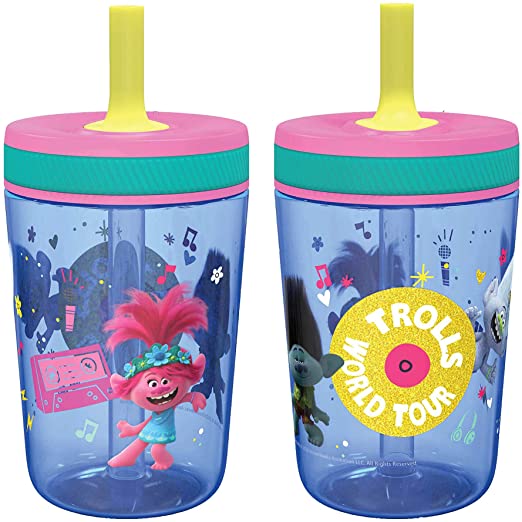 Zak Designs Dreamworks Trolls 2 Movie Poppy Kelso 15 oz Tumbler Set BPA-Free Leak-Proof Screw-On Lid with Straw Made of Durable Plastic and Silicone, Perfect Bundle for Kids (2pc Set)