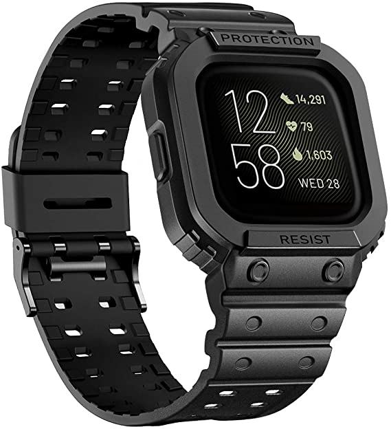 amBand Compatible for Fitbit Versa 2 Bands with Bumper Case, Protective Band for Fitbit Versa & Versa 2 & Versa Lite, Rugged Protector Replacement Strap Sport Military Watch Wristbands Black