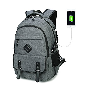 Furivy Multifunctional Oxford Water-resistant College Student School Business Travel Laptop Shoulder Bag Backpack with USB Charging Port Gray
