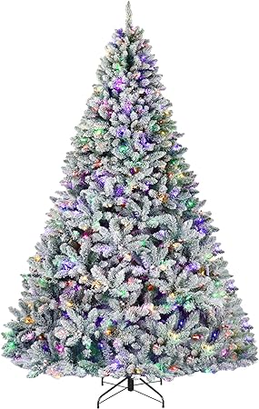 Hykolity 9 ft Prelit Snow Flocked Christmas Tree, Christmas Tree with Pine Cones and Berries, 600 Color Changing LED Lights, 2100 Branch Tips, Metal Stand and Hinged Branches, 10 Color Modes