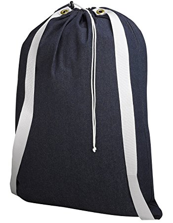 Backpack Laundry Bag, Denim - 22" X 28" - Two shoulder straps for easy backpack carrying and drawstring closure. These cotton denim laundry bags come in a variety of attractive colors and patterns.