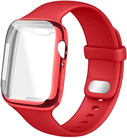 NUKELOLO Sport Band Compatible for Apple Watch Band 45mm 44mm 42mm 41mm 40mm 38mm with Screen Protector Case, Men Women Soft Silicone Strap for iWatch Series 7 6 5 4 3 2 1 SE(40mm-Red)