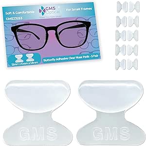 GMS Optical 1.8mm Reg Thin/13mm Short Length - Adhesive Butterfly Contoured Shape Anti-Slip Silicone Eyeglass Nose Pads, Non-Slip Nose Pads for Glasses, Nose Pads for Kids & Small Frame -5 Pair Clear