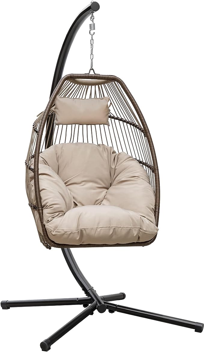 Flamaker Wicker Egg Chair with Stand Indoor Outdoor Aluminum Frame Hammock Chair with Soft Cushion Patio Hanging Swing Chair for Balcony, Porch, Lawn (Beige)