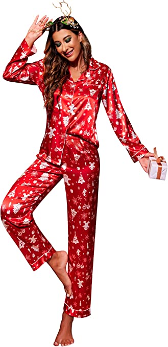 Ekouaer Women's Satin Pajama Set Classic Button Down Loungewear Long Sleeve Sleepwear Premium Silk Pjs Set S-XXL