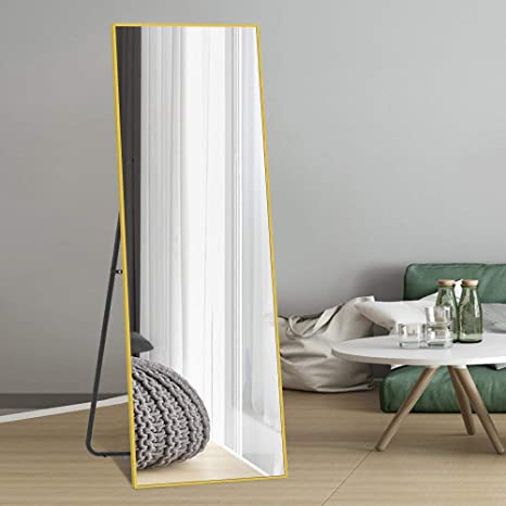 NeuType Full Length Mirror Floor Mirror with Standing Holder Bedroom/Locker Room Standing/Hanging Mirror Dressing Mirror Wall-Mounted Mirror (Brushed Matte Gold)