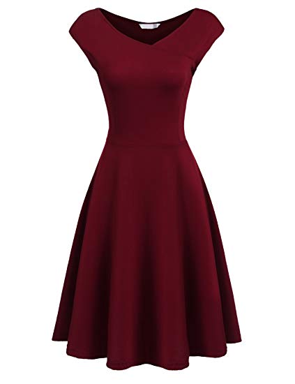 Beyove Women's Fit and Flare Dress Cap Sleeve V-Neck Swing Midi Dress