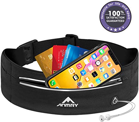 ANMRY Running Pouch Belt,Runner Waist Pack for Woman and Men - Running Belt for Any iPhone Phone Size - Runners Hiking Climbing Fanny Pack - Adjustable Running Pouch (3 Pockets Black)