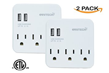 OviiTech Multi-Functional Surge Protector Wall Mount Outlet 3-Outlet Plug and Dual 2.1 AMP USB Charging Ports,Socket Outlets Adapter,White,2 Pack