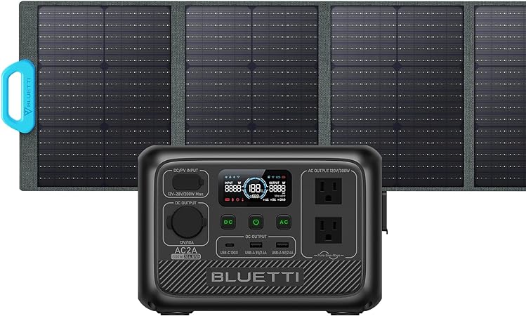 BLUETTI Portable Power Station AC2A with PV120 Solar Panel, 204Wh LiFePO4 Battery Backup w/ 2 300W (600W Power Lifting) AC Outlets, Recharge to 80% in 40 Min., Solar Generator for Outdoor Camping