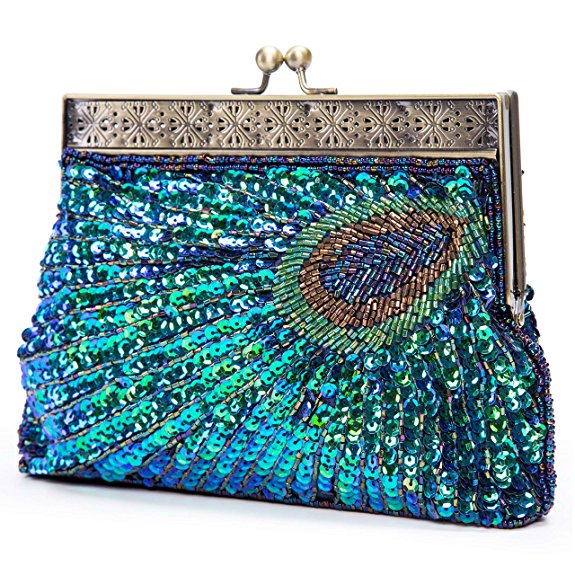 Chichitop Women's Noble Beaded Sequin Peacock Evening Clutch Party Bags
