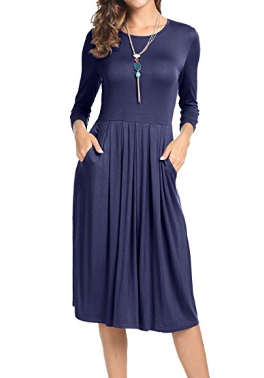 Levaca Women's Scoop Neck Pleated Loose Swing Casual Midi Dress With Pockets