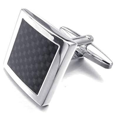 KONOV 2pcs Rhodium Plated Men's Classic Square Carbon Fiber Shirts Cufflinks, Wedding, Black, 1 Pair